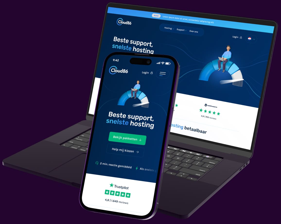 Mock-up van hostingplatform en website hosting bij Scrolla! op desktop en mobiel