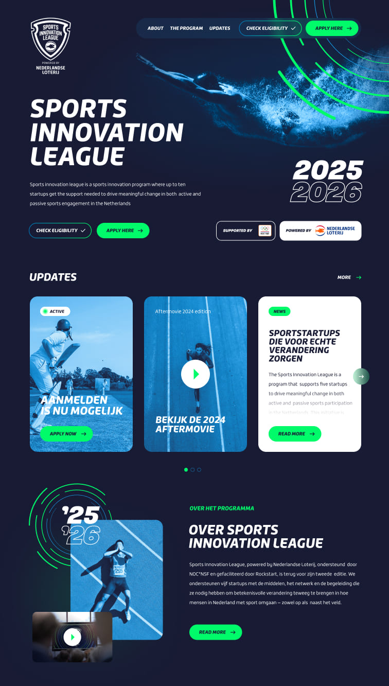 Screenshot van de website van Sports Innovation League