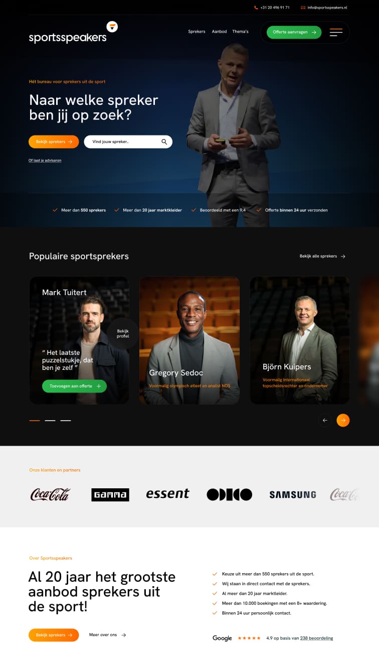 Screenshot van de website van SportsSpeakers